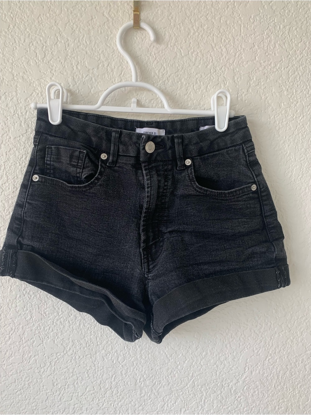 Forever 21 Washed Black High-Rise Rolled Cuff Jean Shorts
